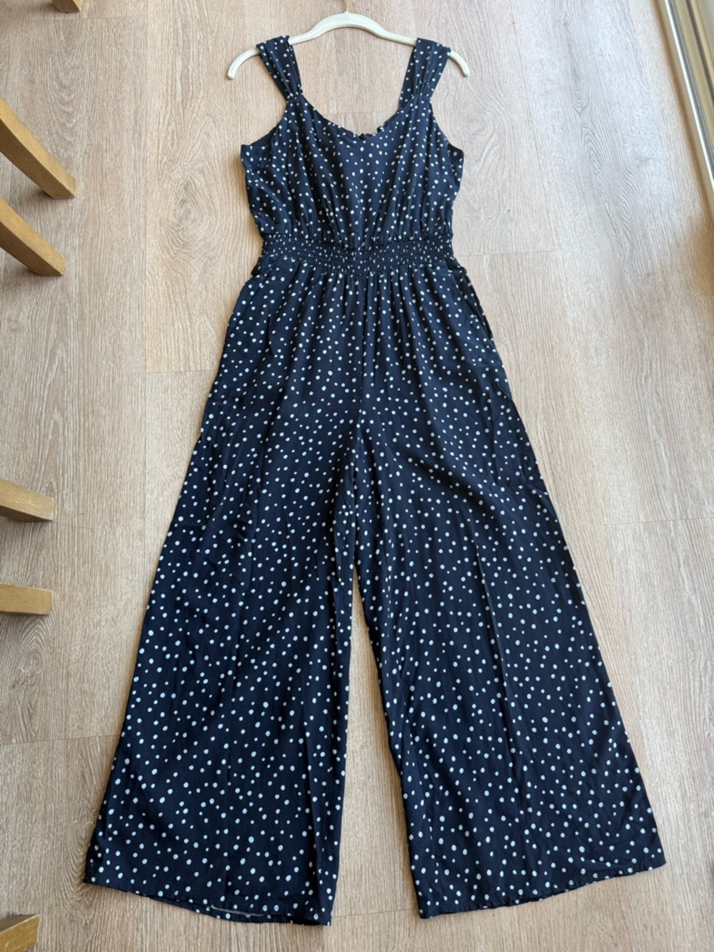 LOFT Navy Polka Dot Wide Leg Jumpsuit Smocked Tie Back Size 00